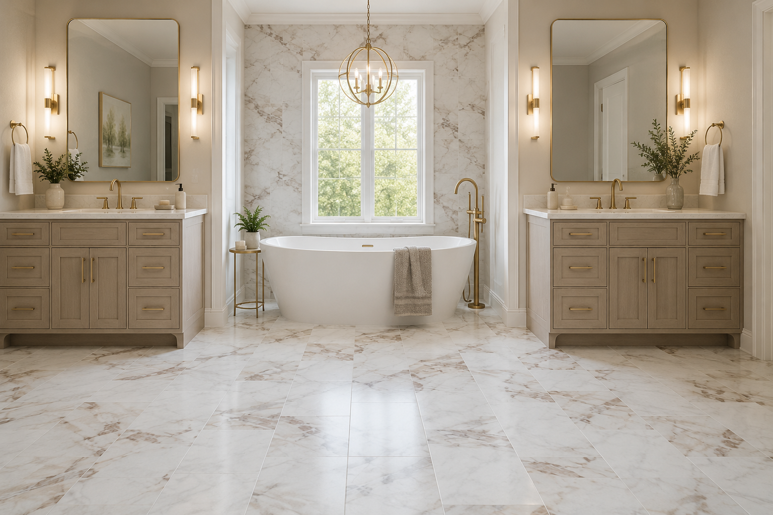 Luxury master bathroom featuring marble-look tile flooring in soft white and gray tones, double sink vanities with brushed gold hardware, oversized gold-framed mirrors, a freestanding soaking tub, and elegant spa-inspired finishes.