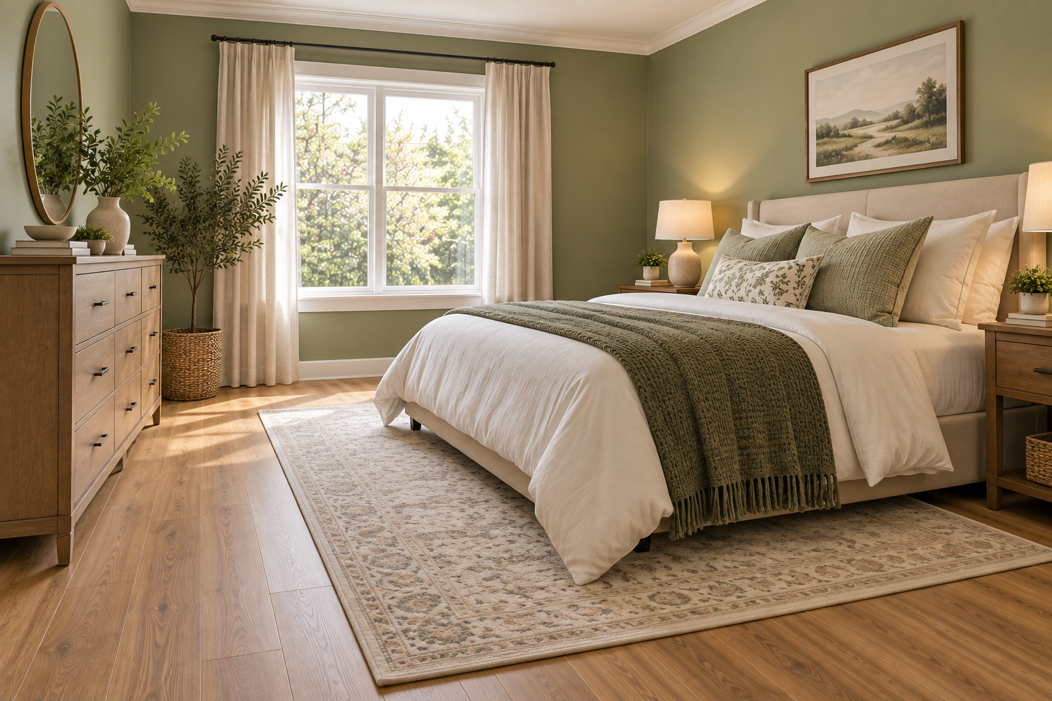 Bedroom with wide-plank, honey-toned wood-look luxury vinyl flooring, featuring natural oak-style grain and subtle color variation. A neutral patterned area rug sits beneath the upholstered bed, complemented by soft green walls, warm wood furniture, and n