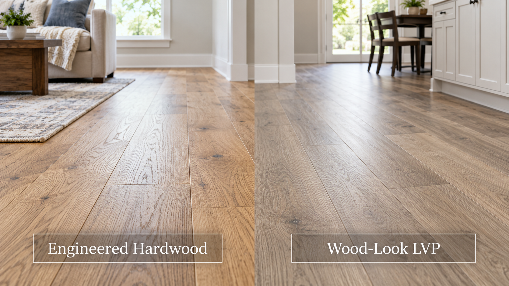 Split-screen interior showing engineered hardwood flooring in a living room and wood-look LVP flooring in a kitchen and dining area.