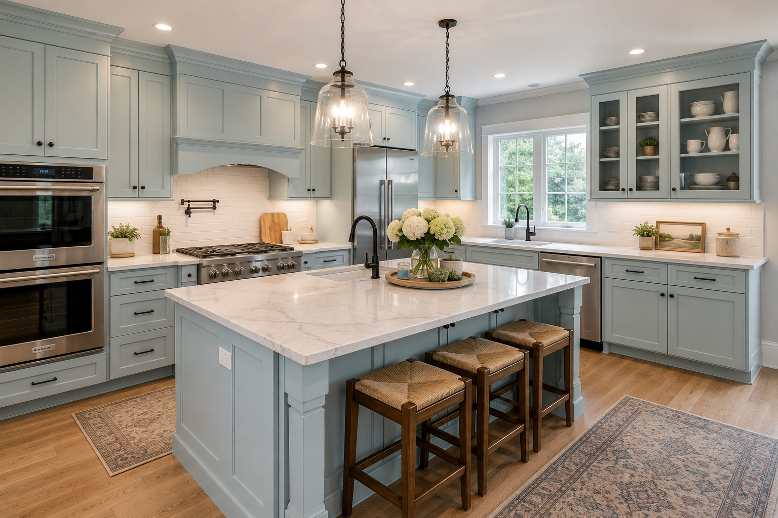 Classic remodeled kitchen featuring robin's egg blue cabinets with crown molding, a large white quartz island with seating, stainless steel appliances, hardwood flooring, pendant lighting, and a bright, open layout with elegant finishes.